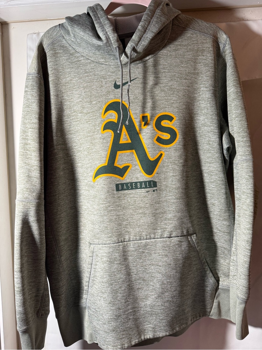 Nike Dri-Fit Oakland A's Heather Gray Pullover Hoodie with Yellow & Green Logo